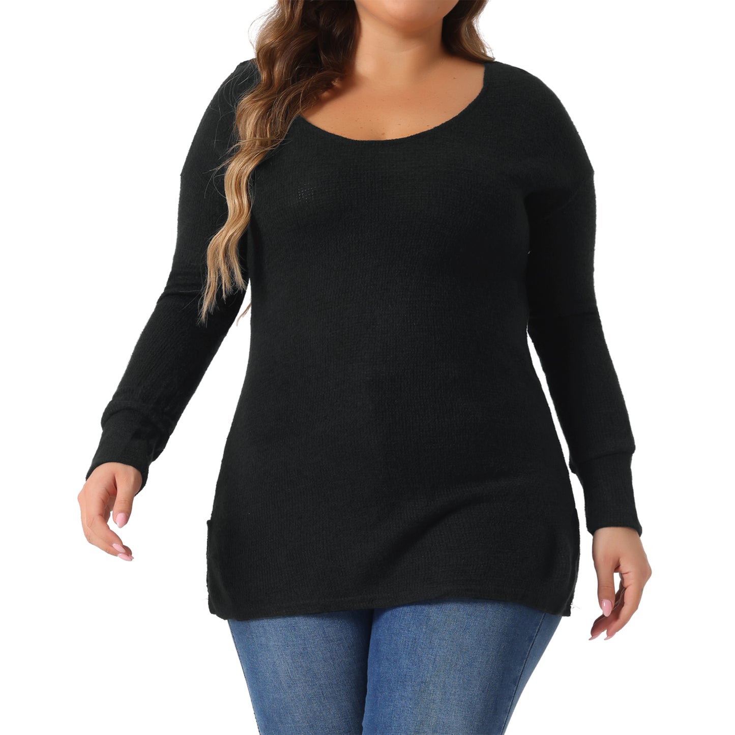 Women's Plus Size V Neck Waffle Knit Long Sleeve Shirts Basic Top Casual Sweater Pullover