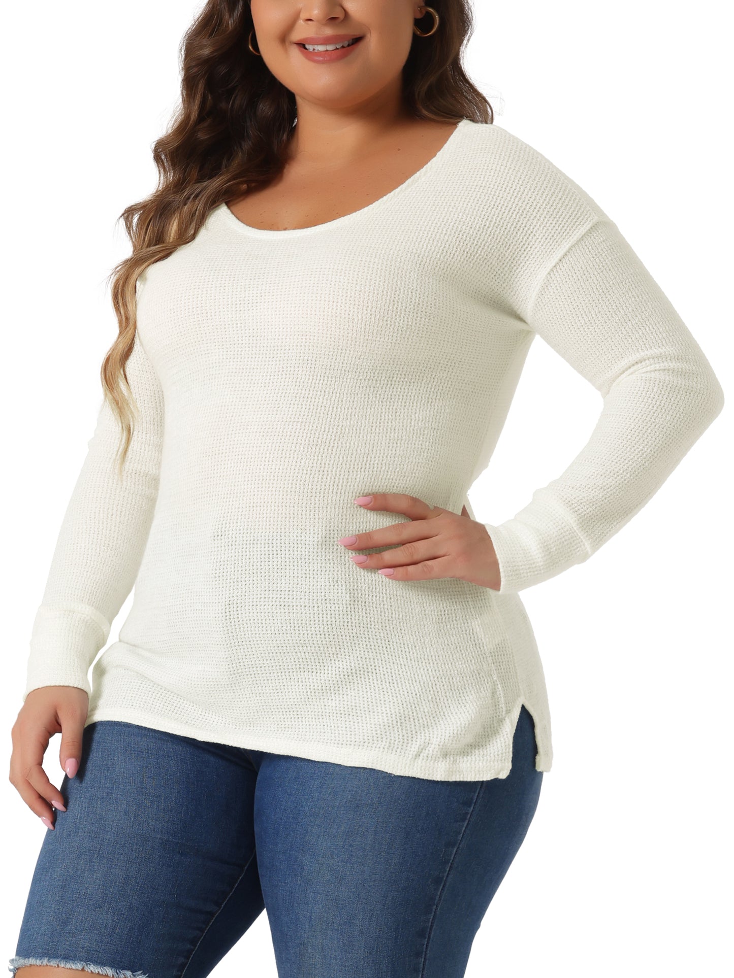 Women's Plus Size V Neck Waffle Knit Long Sleeve Shirts Basic Top Casual Sweater Pullover