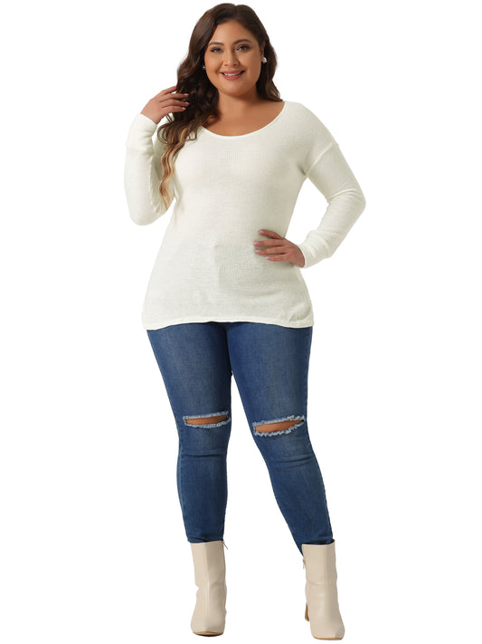 Women's Plus Size V Neck Waffle Knit Long Sleeve Shirts Basic Top Casual Sweater Pullover