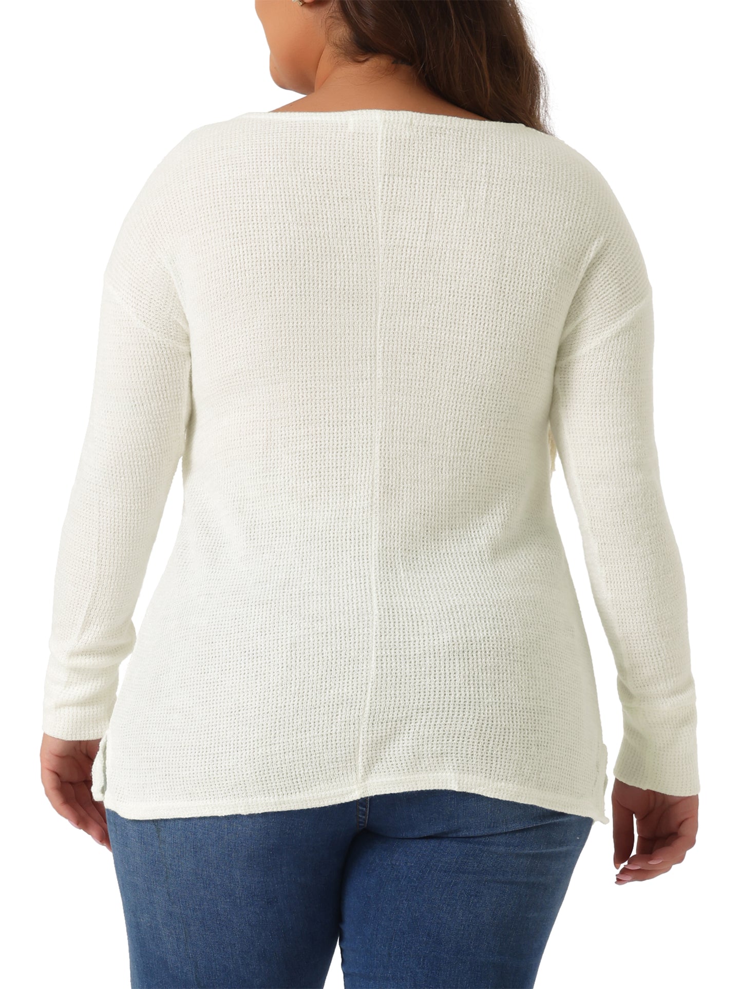 Women's Plus Size V Neck Waffle Knit Long Sleeve Shirts Basic Top Casual Sweater Pullover