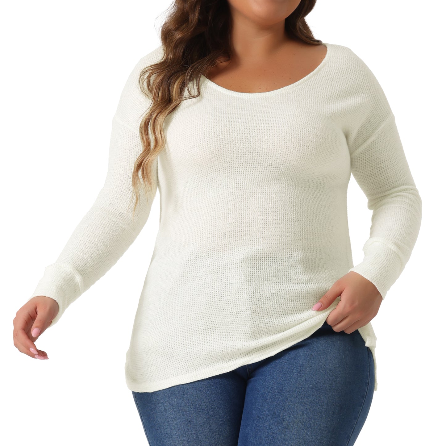 Women's Plus Size V Neck Waffle Knit Long Sleeve Shirts Basic Top Casual Sweater Pullover