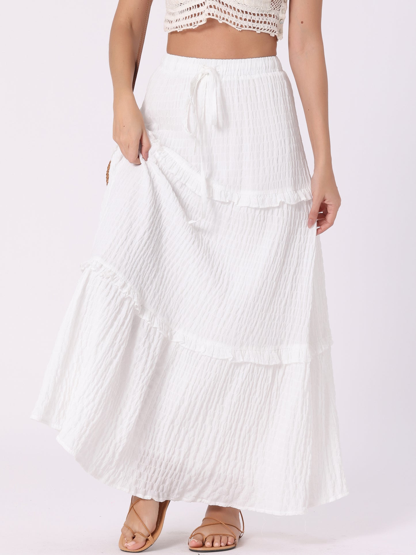 Women's Summer Boho Flowy Ruffle Swing A-Line Tiered Maxi Skirt