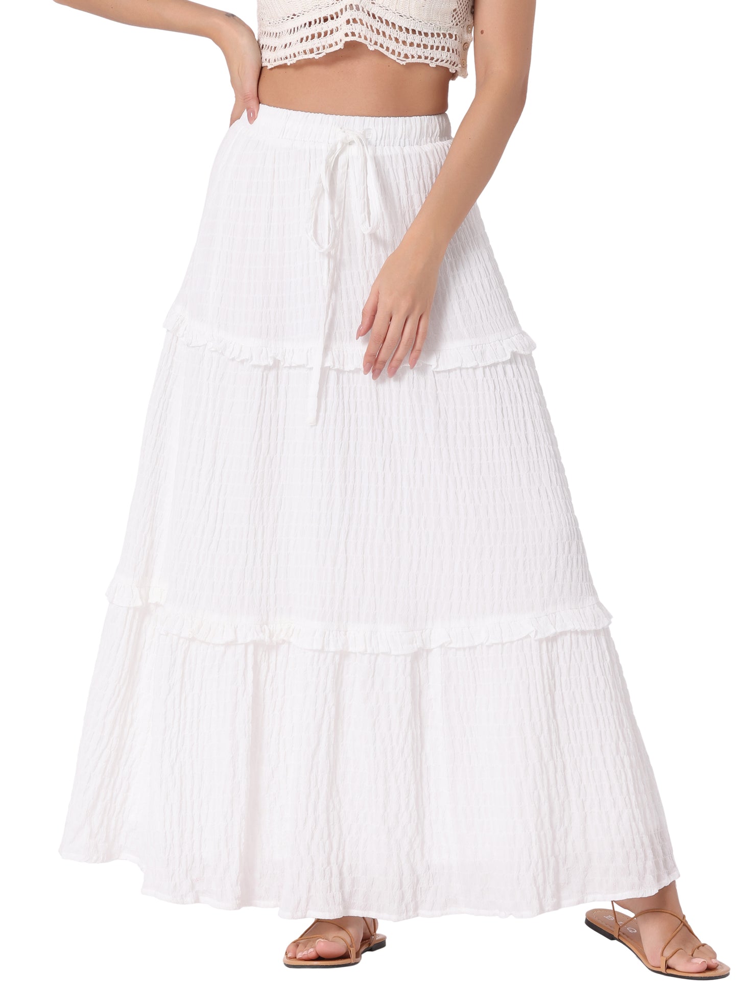 Women's Summer Boho Flowy Ruffle Swing A-Line Tiered Maxi Skirt
