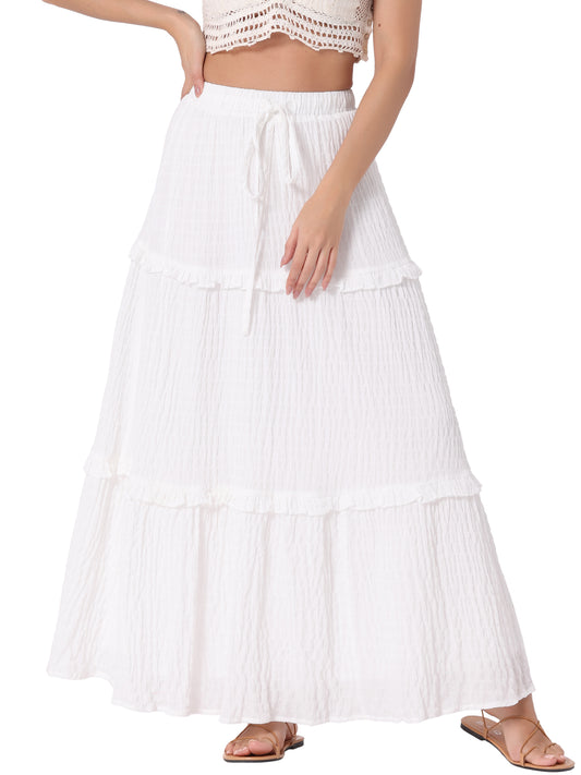 Women's Summer Boho Flowy Ruffle Swing A-Line Tiered Maxi Skirt