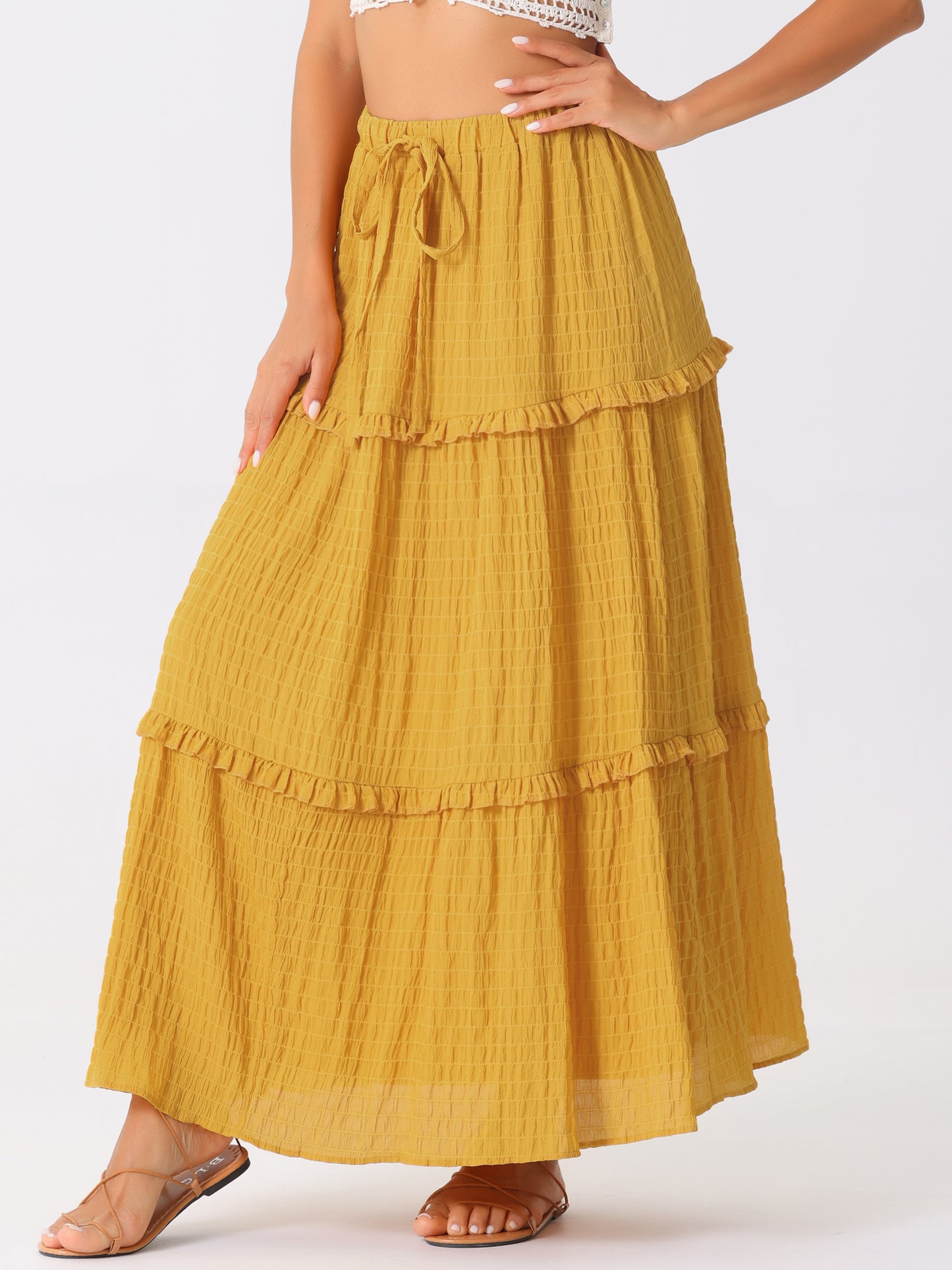 Women's Summer Boho Flowy Ruffle Swing A-Line Tiered Maxi Skirt