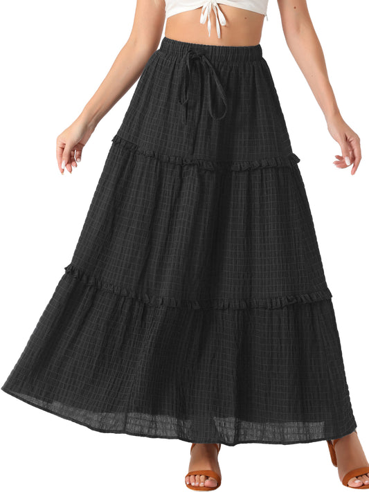 Falda larga de verano estilo bohemio con volantes, corte A y capas para mujer