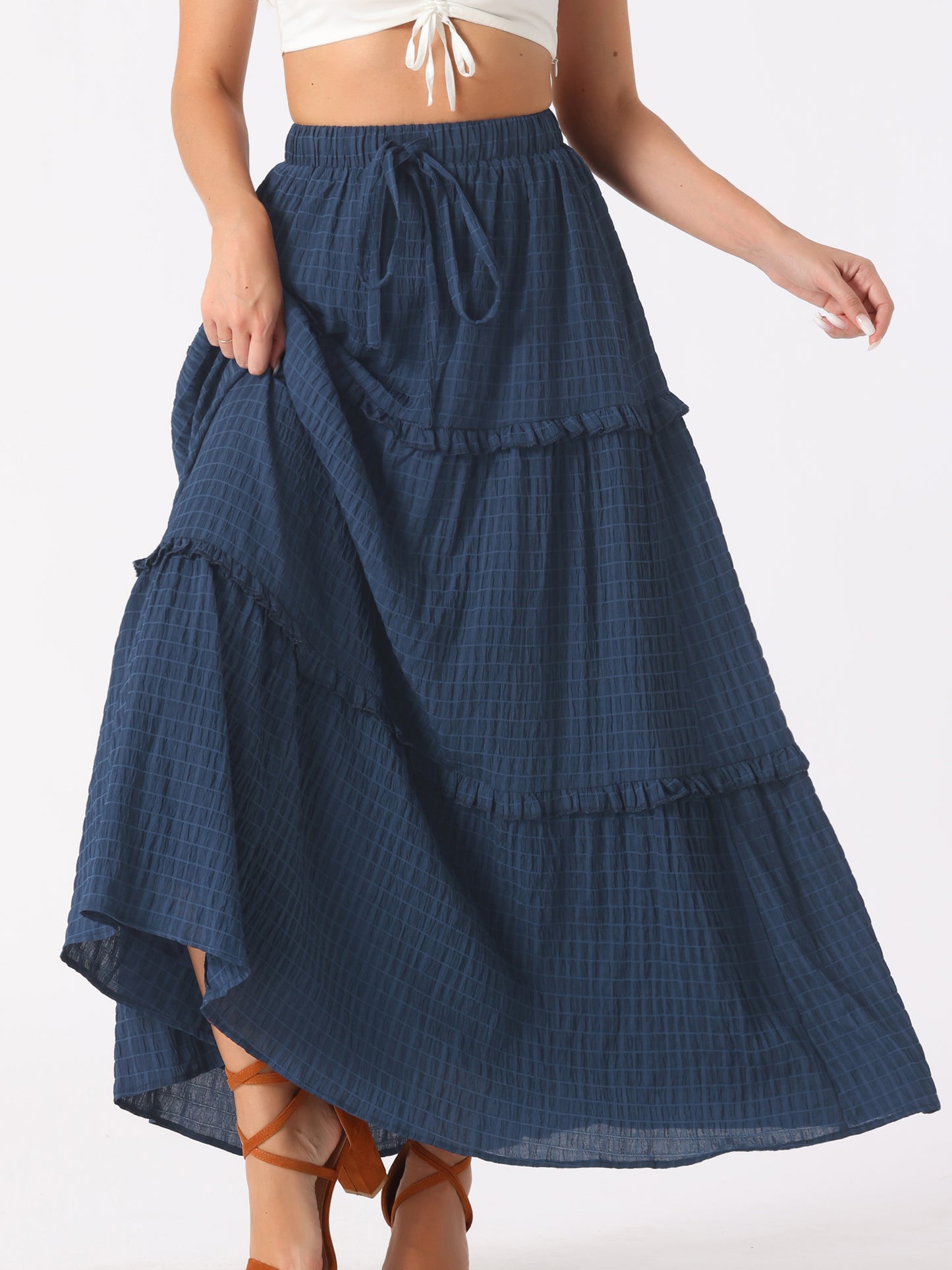Women's Summer Boho Flowy Ruffle Swing A-Line Tiered Maxi Skirt