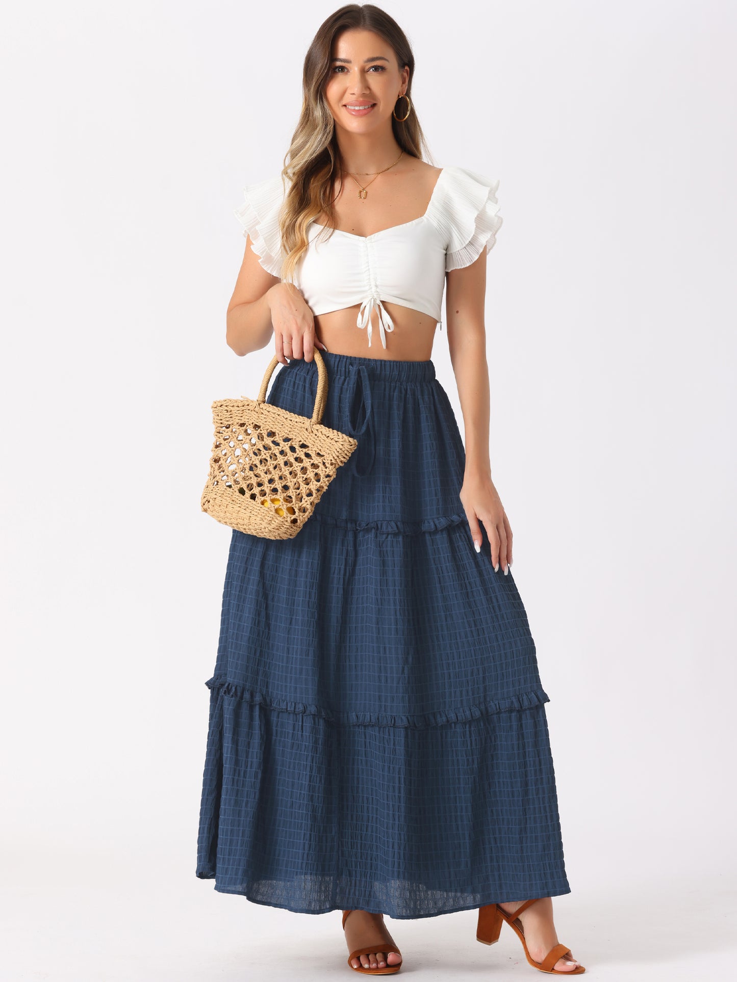 Falda larga de verano estilo bohemio con volantes, corte A y capas para mujer