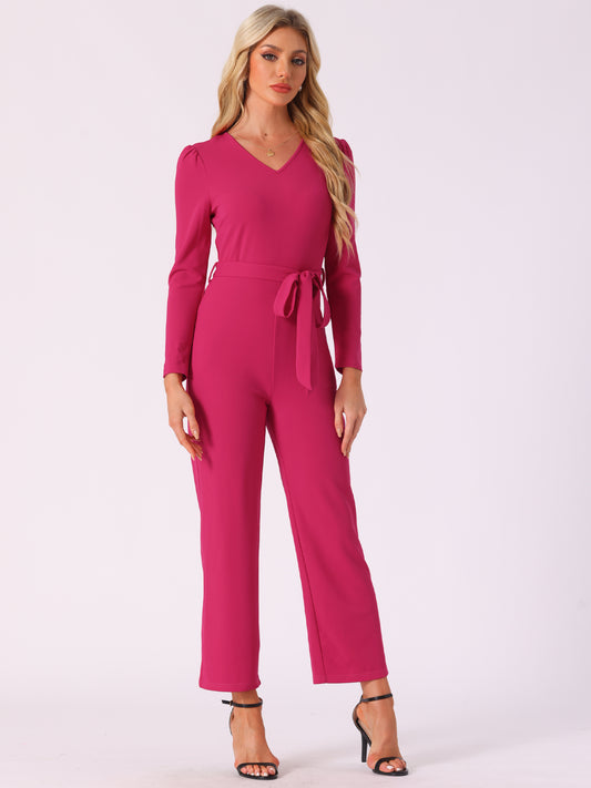 Women's V Neck Long Sleeve Tie Waist Wide Leg Long Pants Elegant Knit Jumpsuits