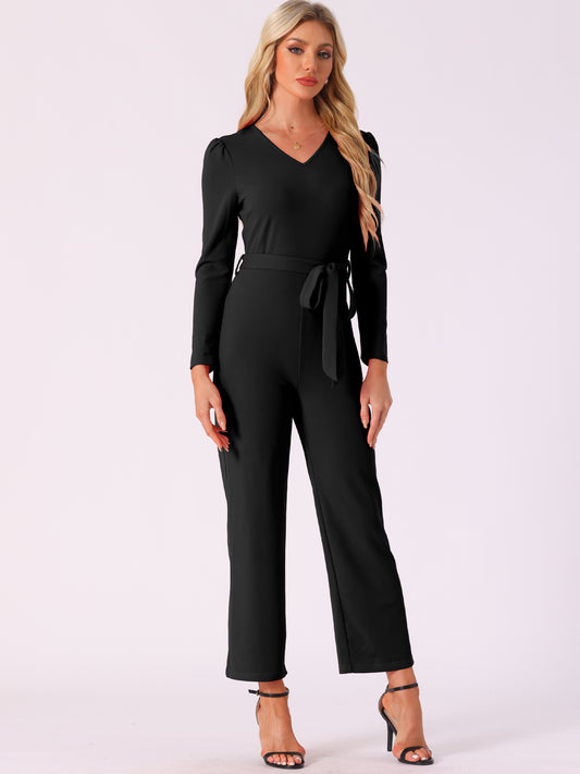Women's V Neck Long Sleeve Tie Waist Wide Leg Long Pants Elegant Knit Jumpsuits