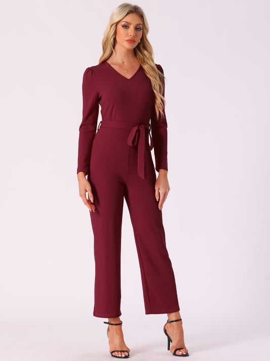 Women's V Neck Long Sleeve Tie Waist Wide Leg Long Pants Elegant Knit Jumpsuits