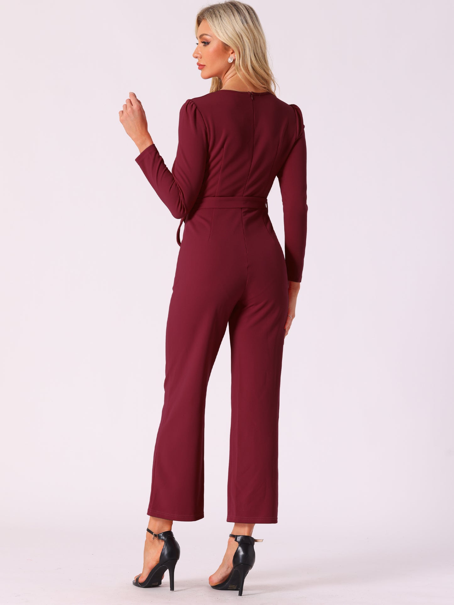 Women's V Neck Long Sleeve Tie Waist Wide Leg Long Pants Elegant Knit Jumpsuits