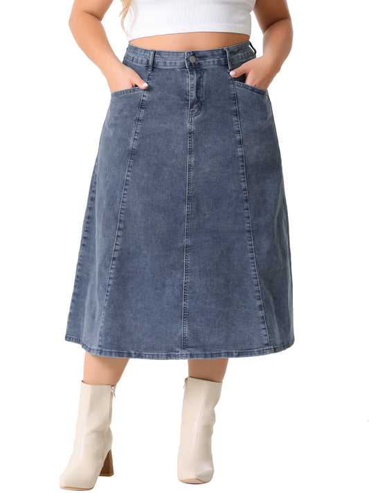 Women's Plus Size Denim Skirts Vintage High Waist with Pockets A-Line Midi Jean Skirt