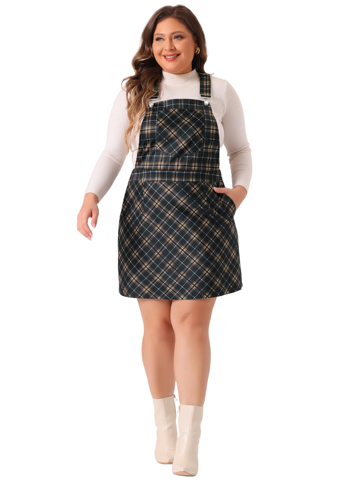 Women Plus Size Overall Dress Vintage Plaid Printed Adjustable Straps Pinafore Dresses Suspender Skirt