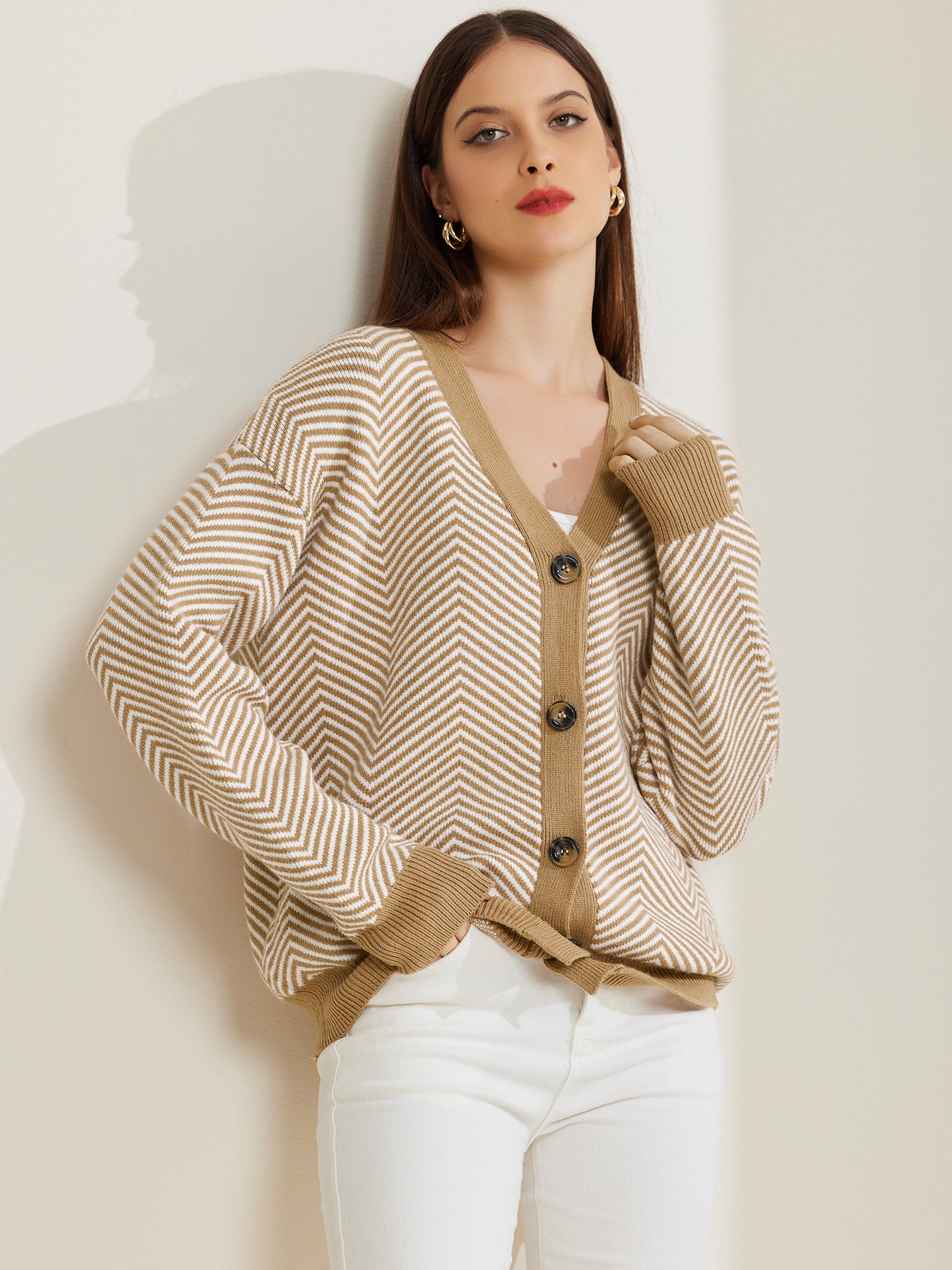 Women's Striped Cardigan Sweaters Open Front Button Down V Neck Cardigans