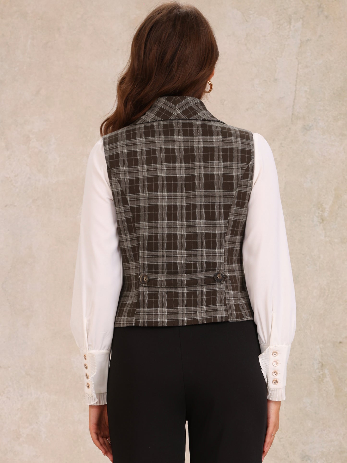 Women's Shawl Collar Button Down V Neck Retro Plaid Vest Waistcoat