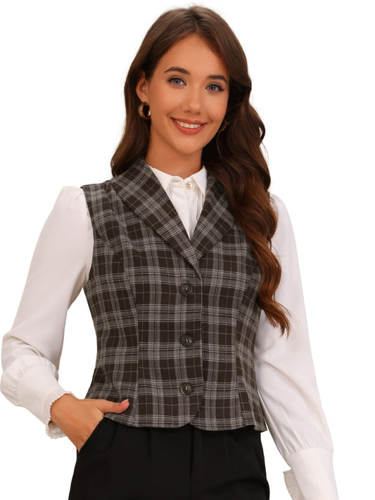 Women's Shawl Collar Button Down V Neck Retro Plaid Vest Waistcoat