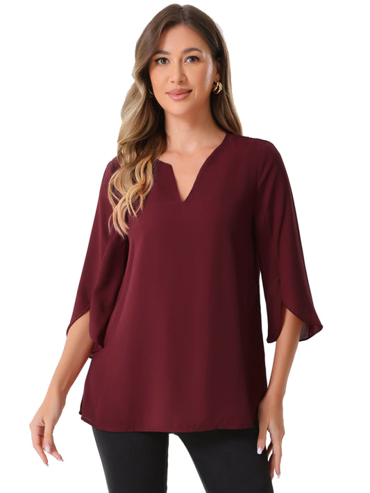 Women's 3/4 Split Sleeve V Neck Flowy Mesh Blouse Casual Dressy Tunic Top