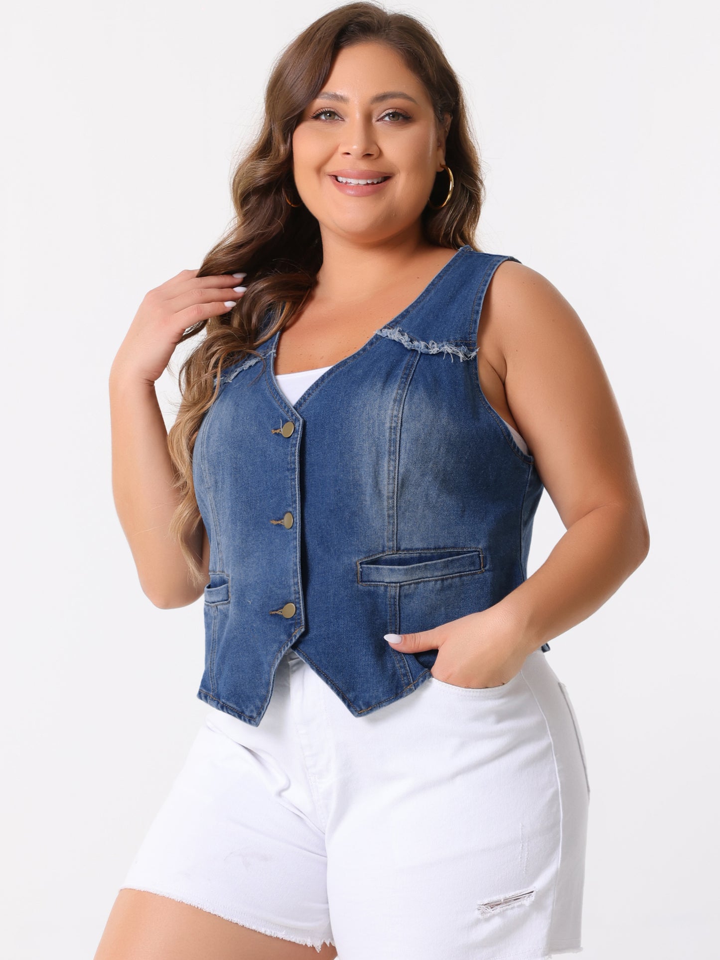 Women's Plus Size Denim Vest Sleeveless V Neck Washed Distressed Waistcoat Vests Jean Jackets