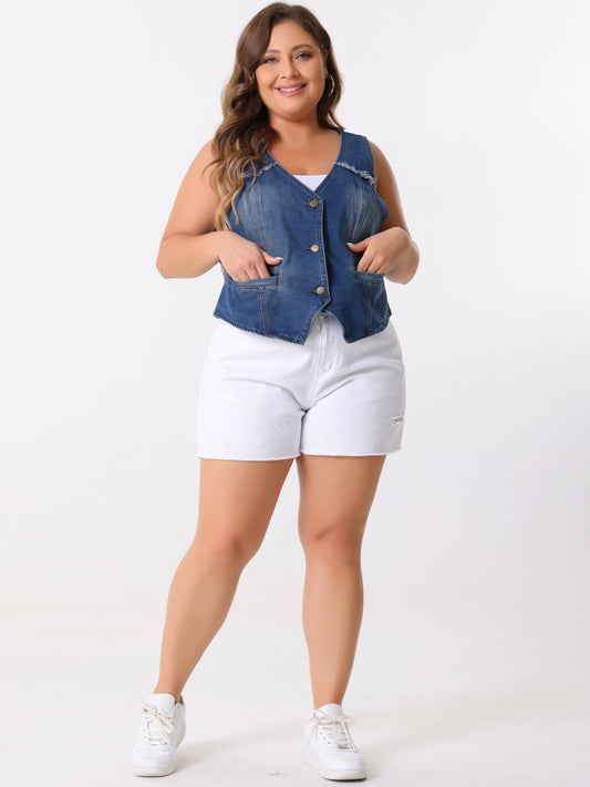 Chaleco vaquero de talla grande para mujer, sin mangas, con cuello en V, lavado y desgastado, chaquetas vaqueras