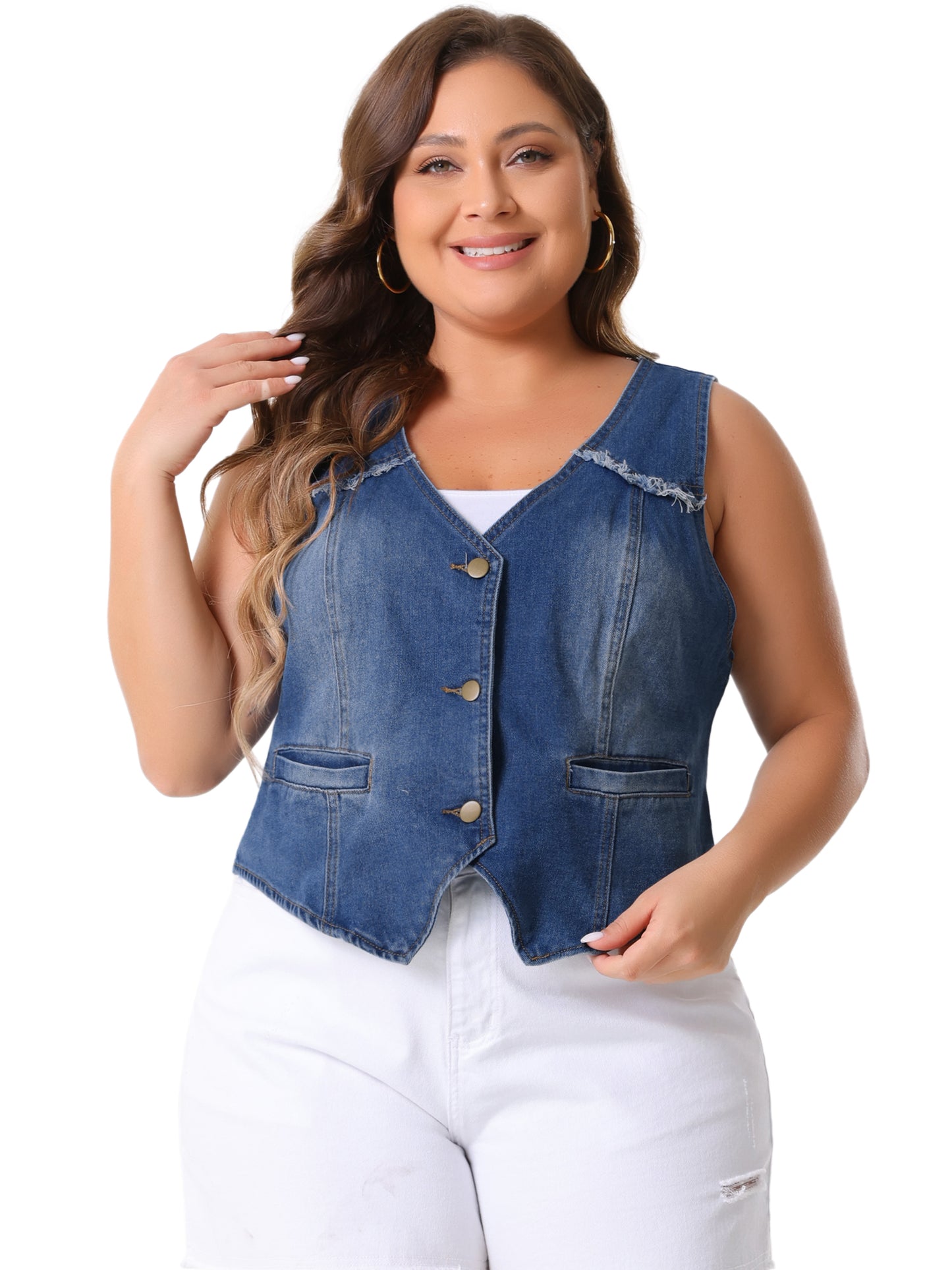 Women's Plus Size Denim Vest Sleeveless V Neck Washed Distressed Waistcoat Vests Jean Jackets