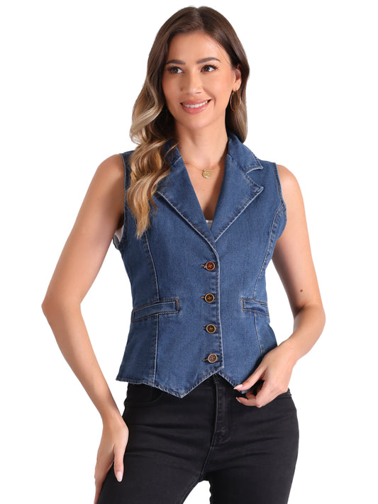 Women's Denim Waistcoat Button Closure Notched Lapel Vest