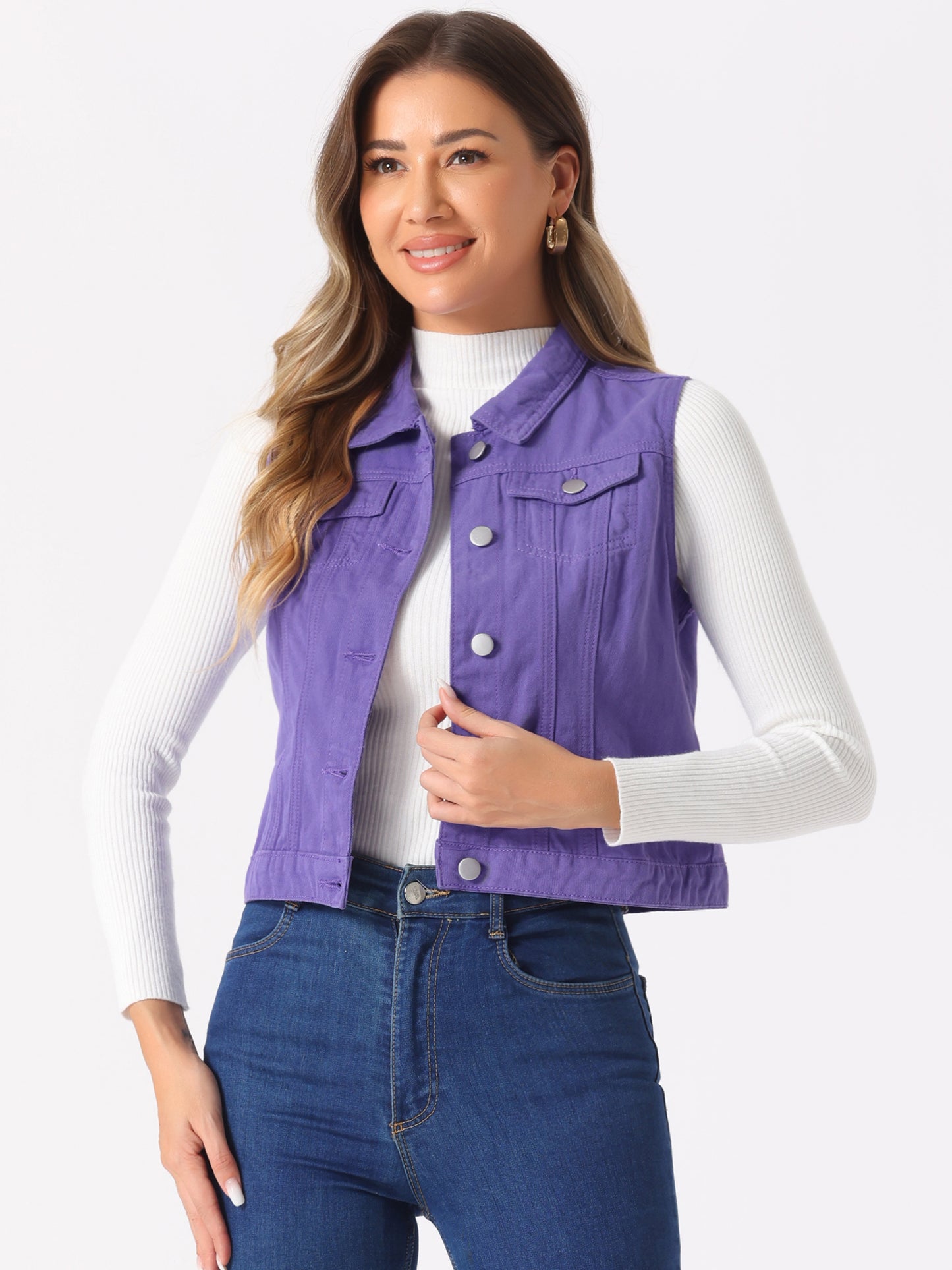 Women's Buttoned Washed Denim Vest Jacket W Chest Flap Pockets