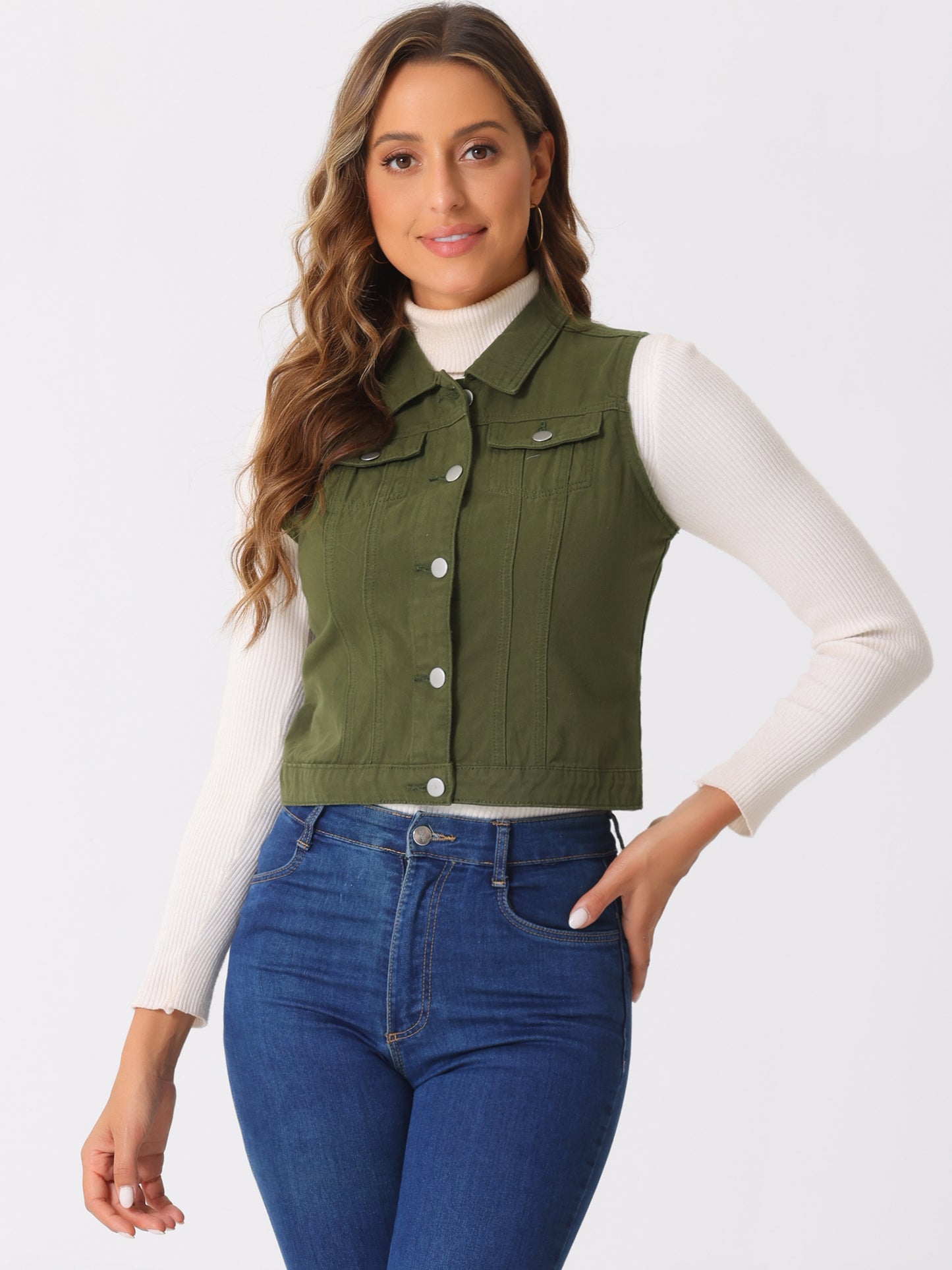 Women's Buttoned Washed Denim Vest Jacket W Chest Flap Pockets