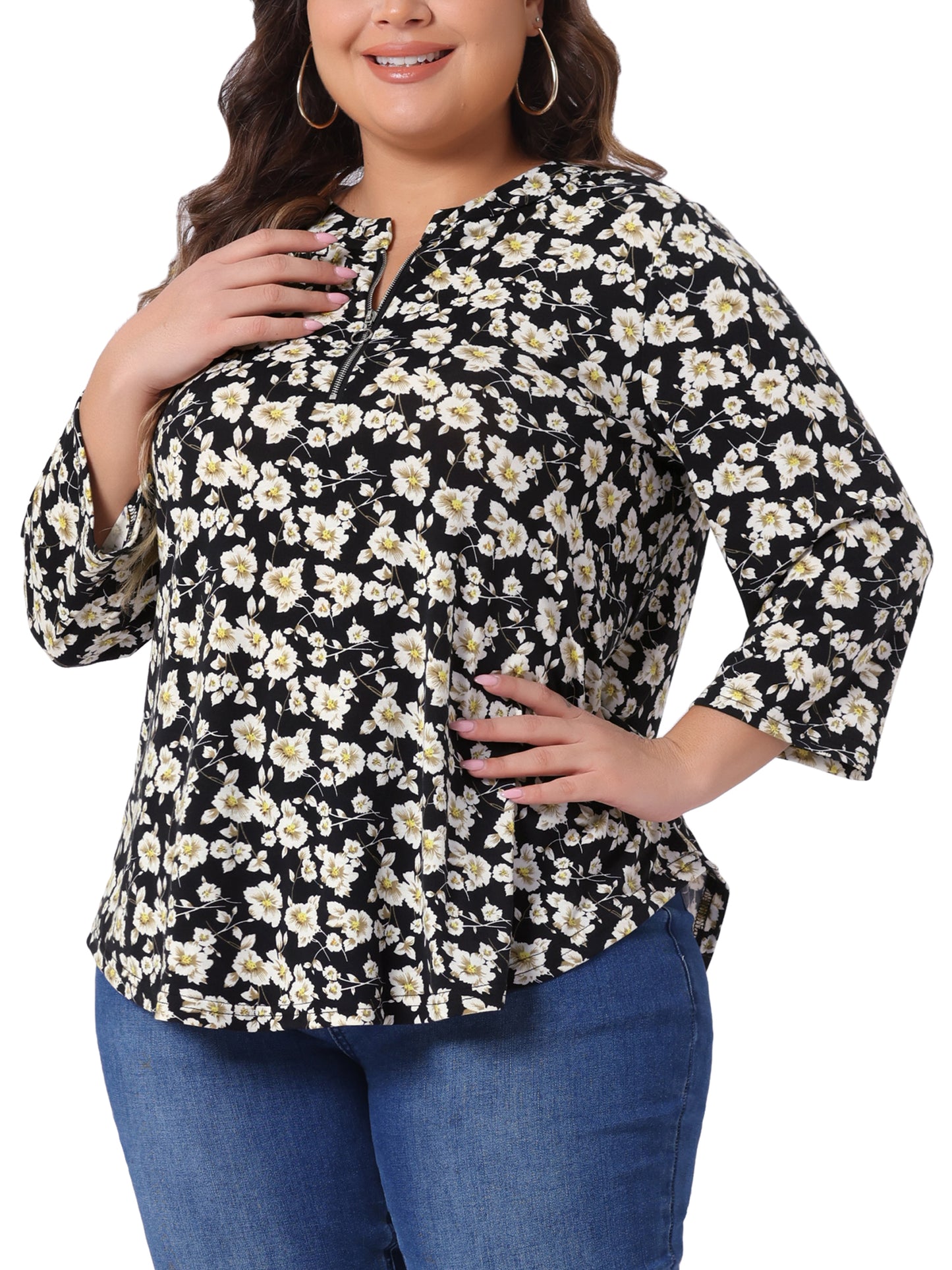 Women Plus Size Tops 3/4 Sleeve Zip Up Floral Print V Neck Casual Pullover Blouse