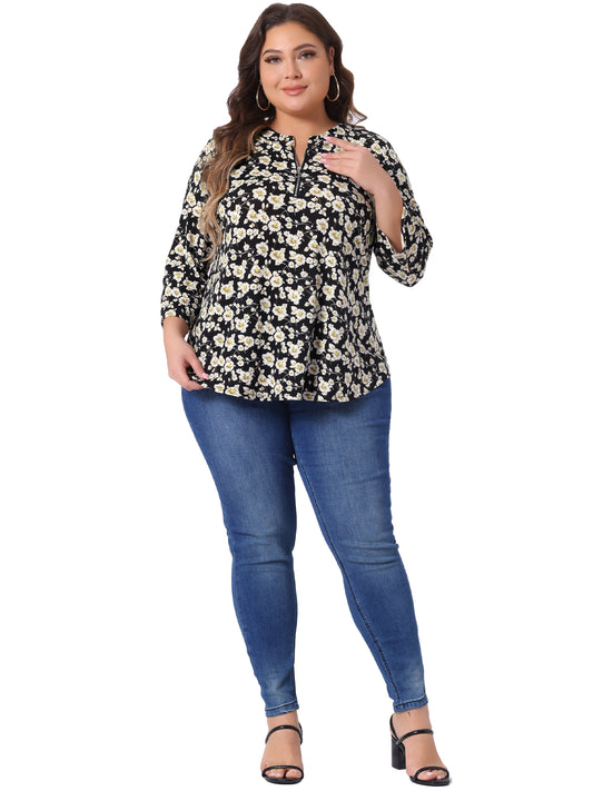 Women Plus Size Tops 3/4 Sleeve Zip Up Floral Print V Neck Casual Pullover Blouse