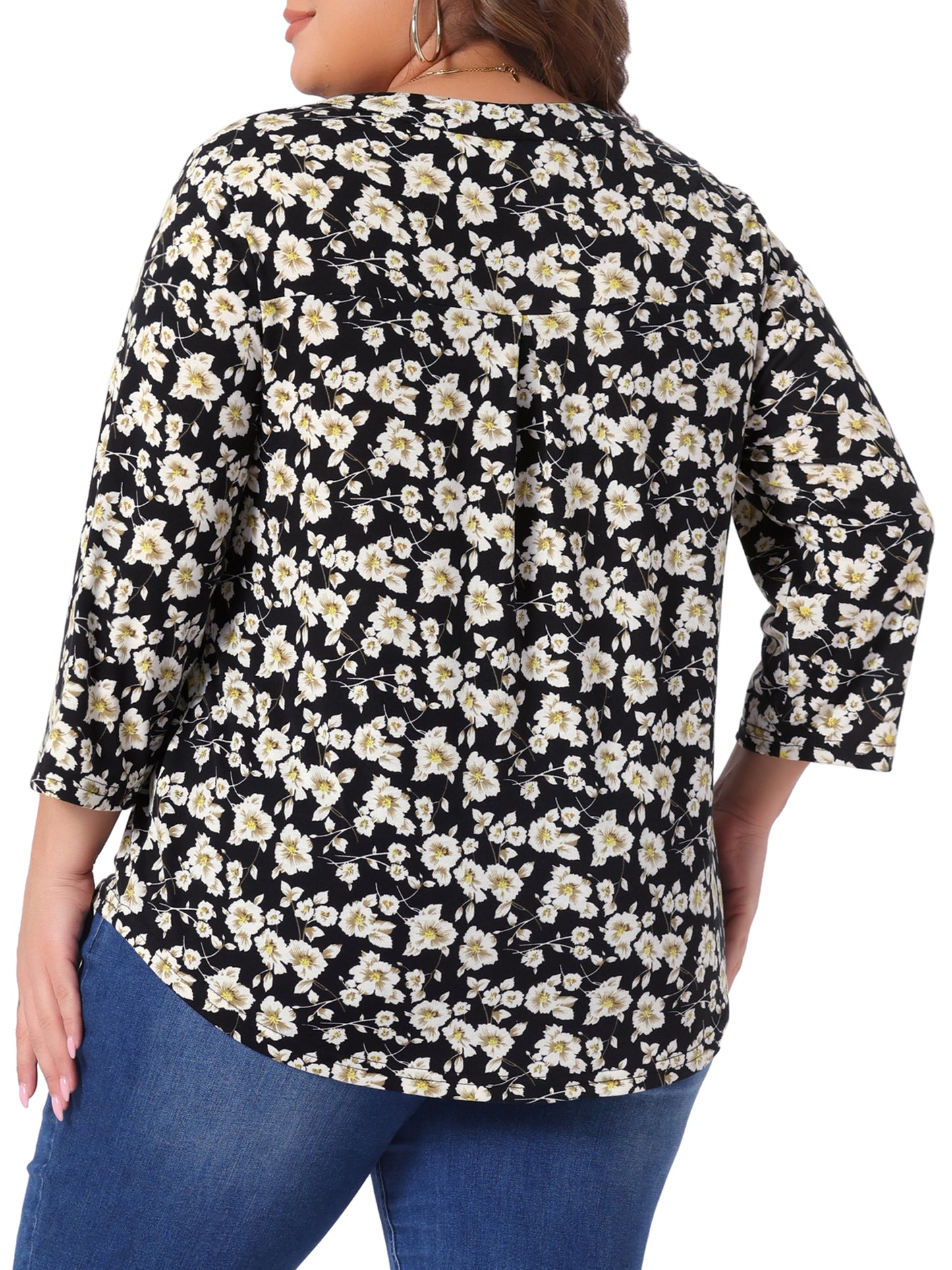 Women Plus Size Tops 3/4 Sleeve Zip Up Floral Print V Neck Casual Pullover Blouse