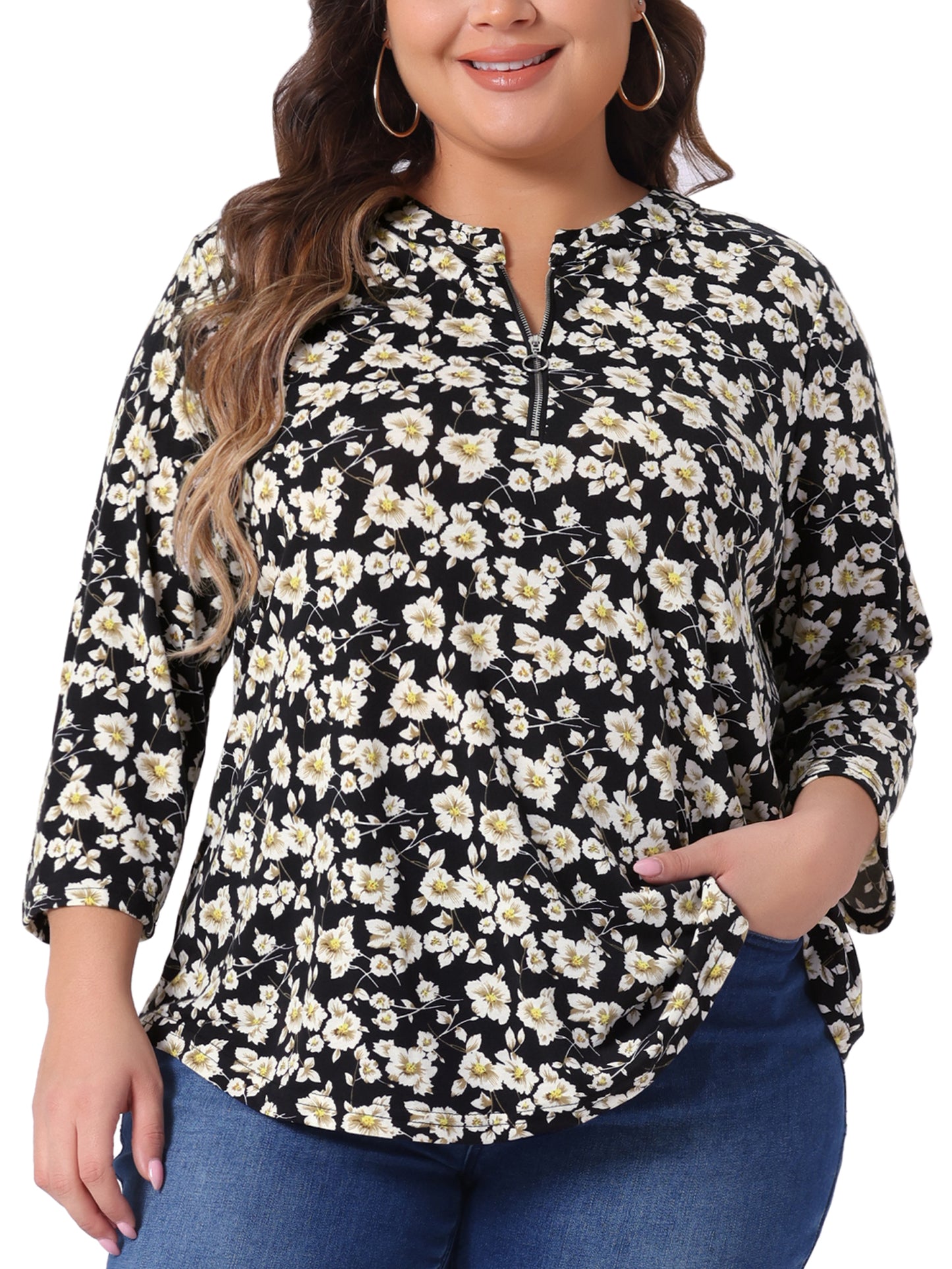 Women Plus Size Tops 3/4 Sleeve Zip Up Floral Print V Neck Casual Pullover Blouse