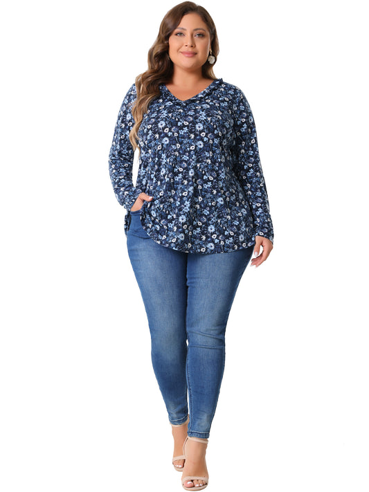 Women Plus Size Floral Tops V Neck Long Sleeve Ruffle Tunic Blouse
