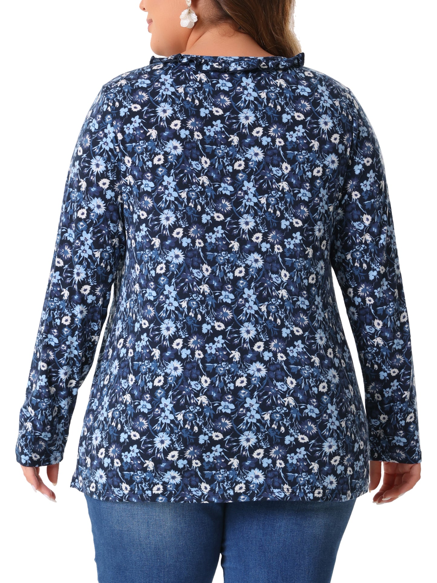 Women Plus Size Floral Tops V Neck Long Sleeve Ruffle Tunic Blouse