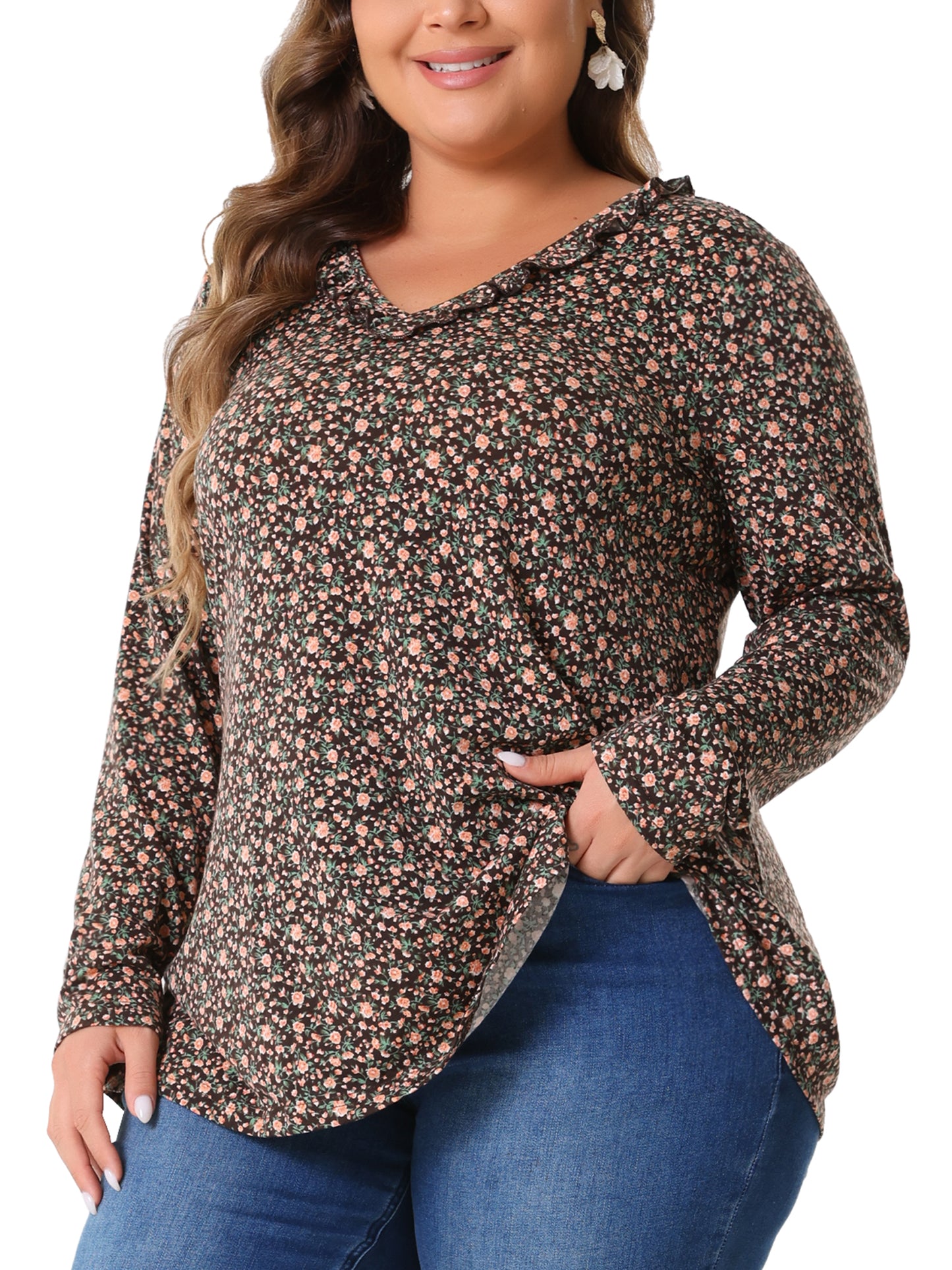 Women Plus Size Floral Tops V Neck Long Sleeve Ruffle Tunic Blouse