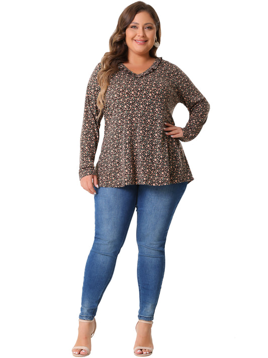 Women Plus Size Floral Tops V Neck Long Sleeve Ruffle Tunic Blouse