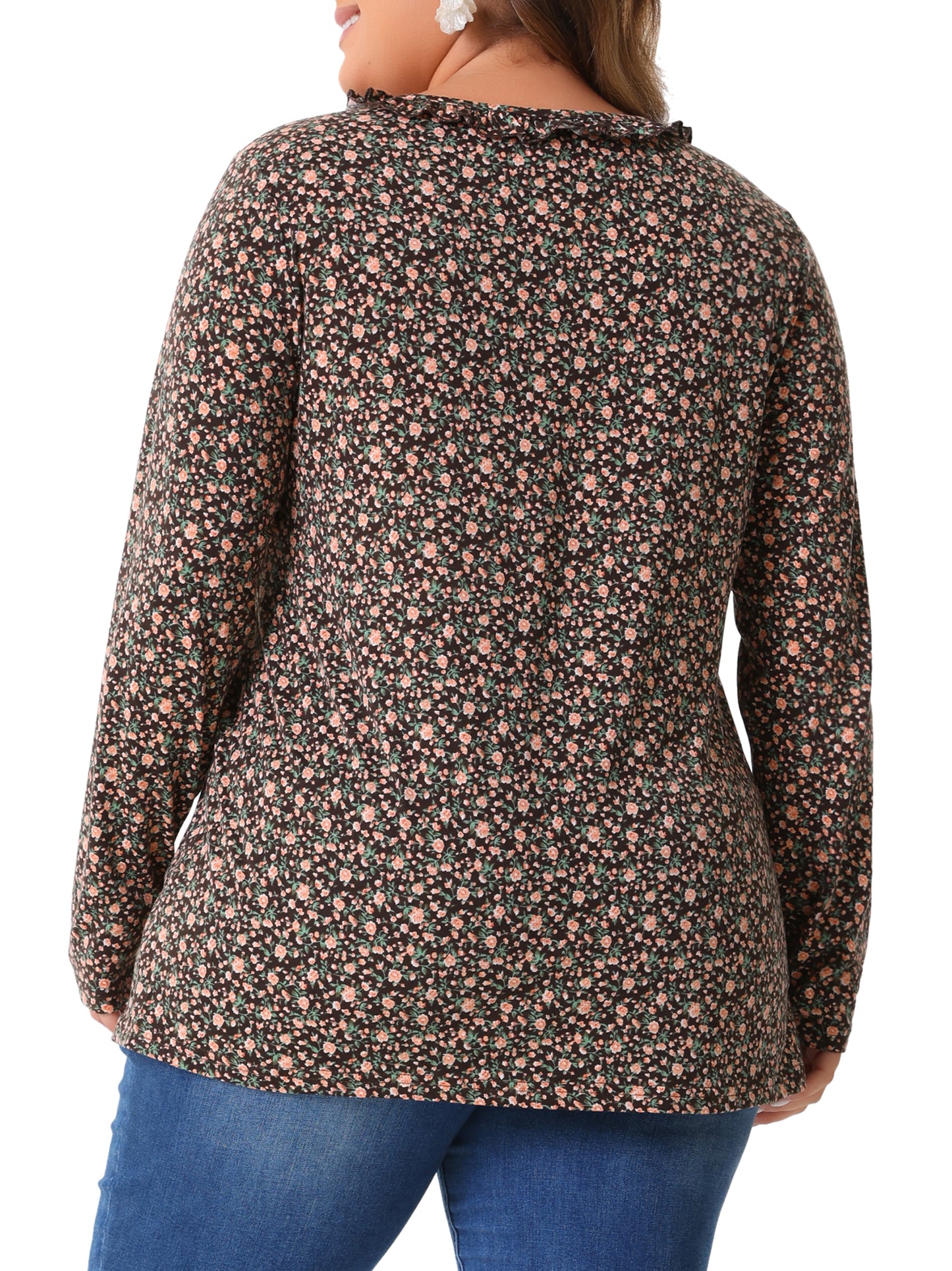 Women Plus Size Floral Tops V Neck Long Sleeve Ruffle Tunic Blouse