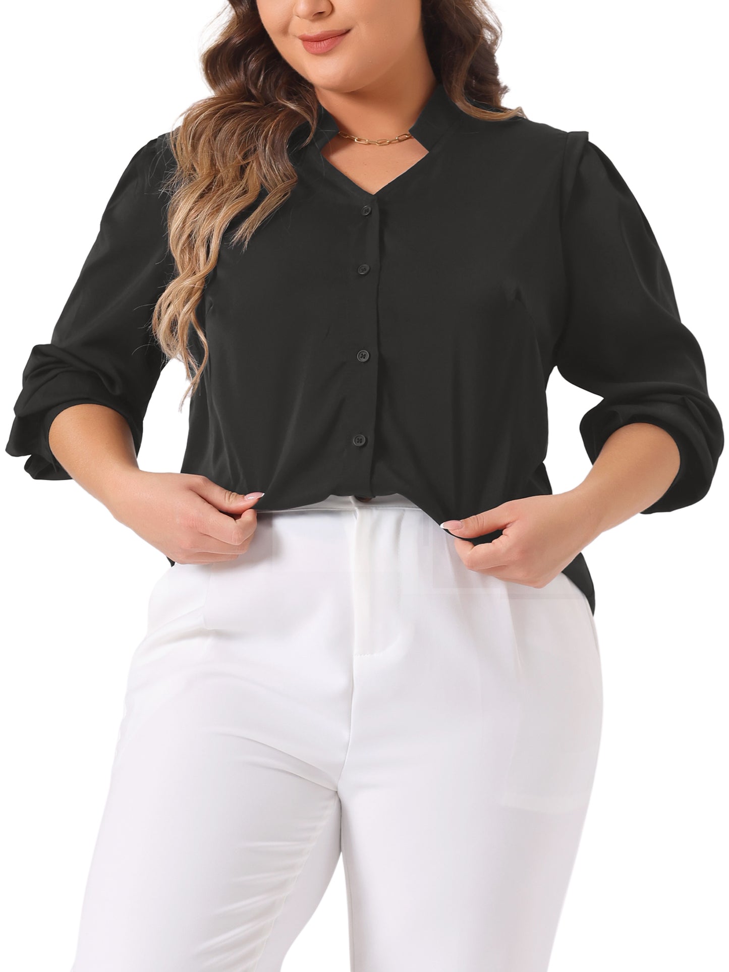 Women Plus Size Dressy Casual Shirts Button Up Notch V Neck Long Sleeve Work Office Top