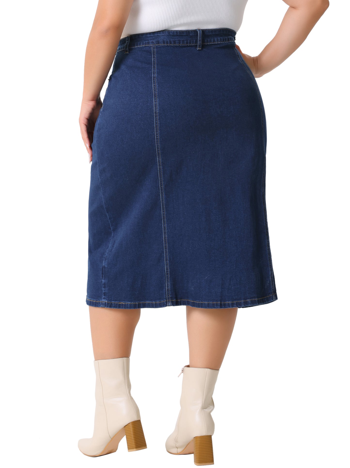Women Plus Size Denim Skirt Basic High Waist Ripped Hem Pockets Jeans Skirts
