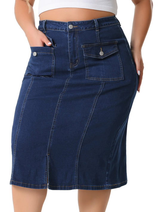 Falda vaquera básica de talla grande para mujer, cintura alta, dobladillo rasgado, bolsillos, faldas vaqueras