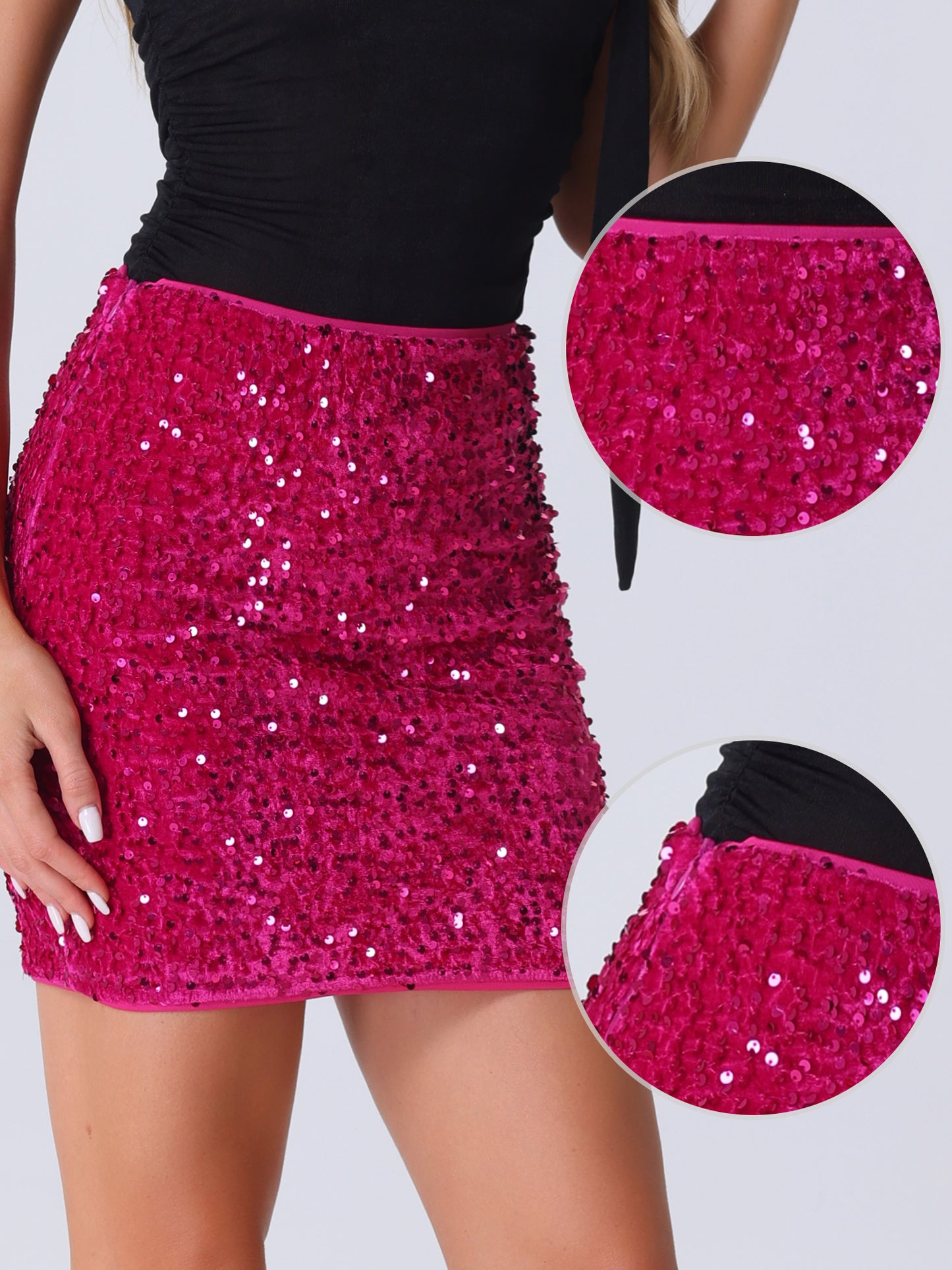 Women's High Waist Stretchy Velvet Sequin Sparkle Party Bodycon Mini Skirt