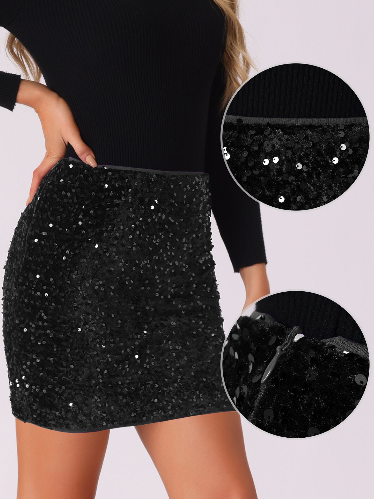 Women's High Waist Stretchy Velvet Sequin Sparkle Party Bodycon Mini Skirt