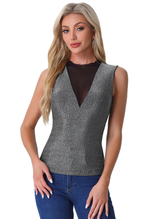 Women's Sleeveless Glitter Party Glam Sparkly Mesh Top