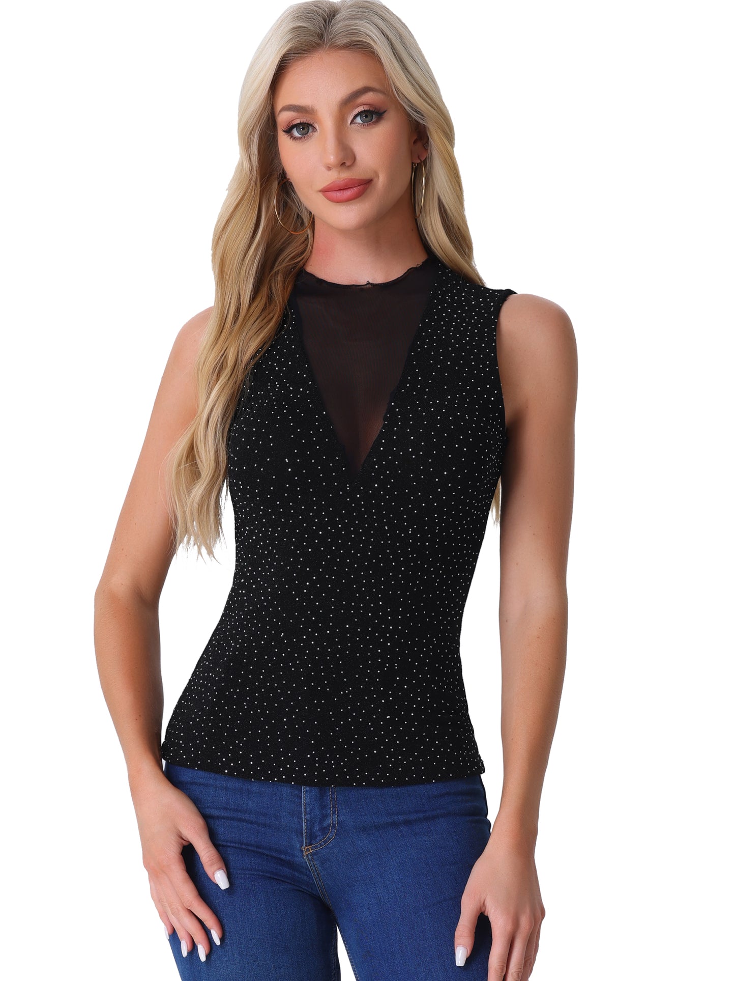 Women's Sleeveless Glitter Party Glam Sparkly Mesh Top