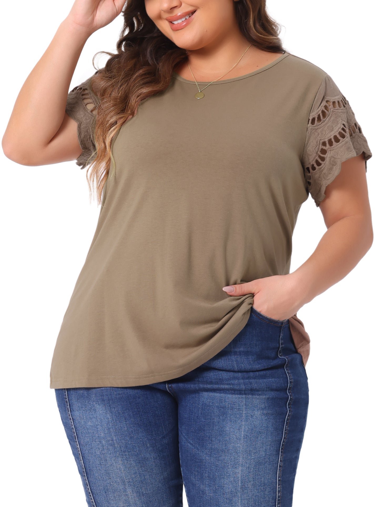 Women's Plus Size Top Round Neck Lace Panel Hollow Short Sleeve Elegant Summer Blouse