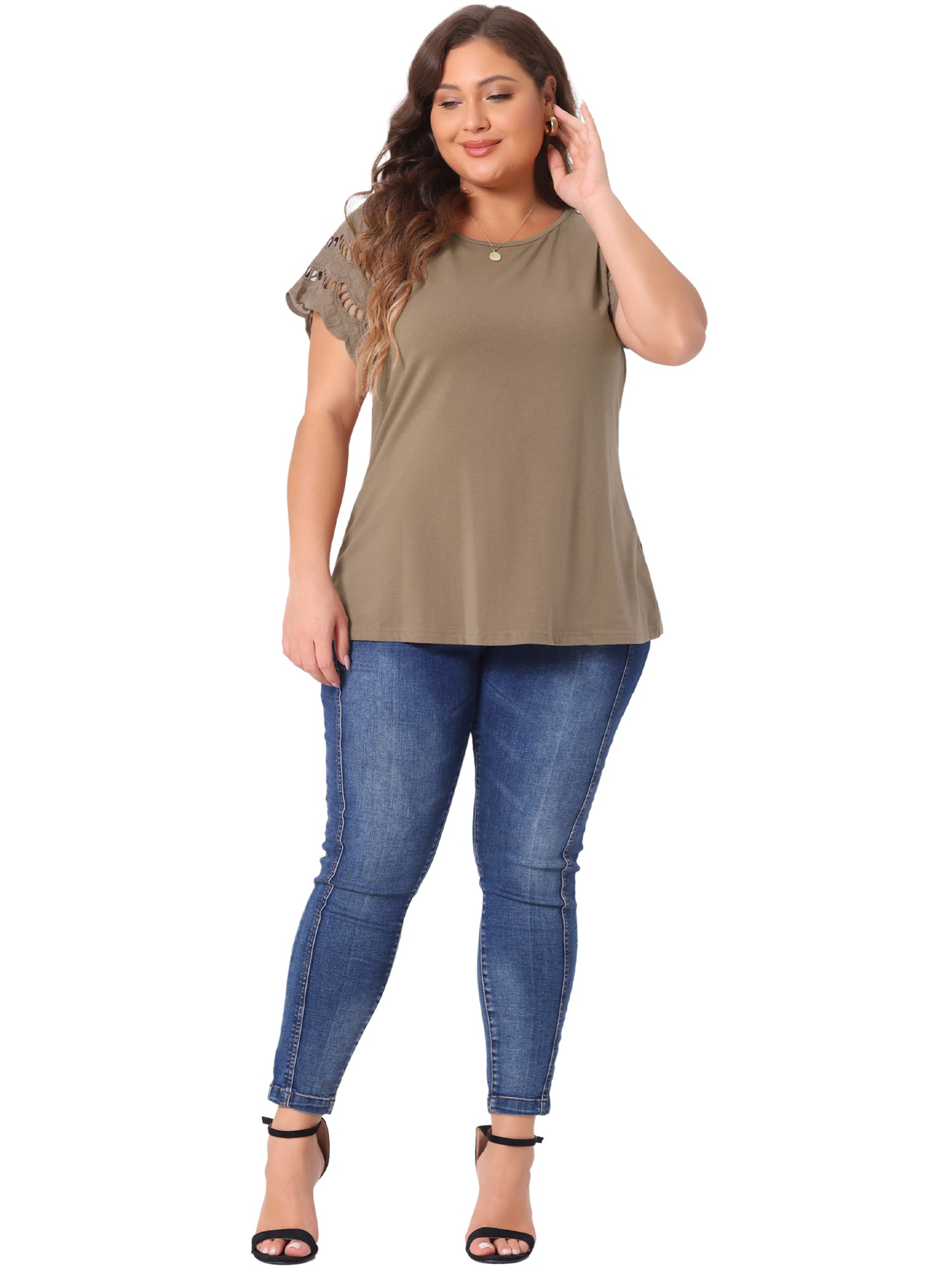 Women's Plus Size Top Round Neck Lace Panel Hollow Short Sleeve Elegant Summer Blouse