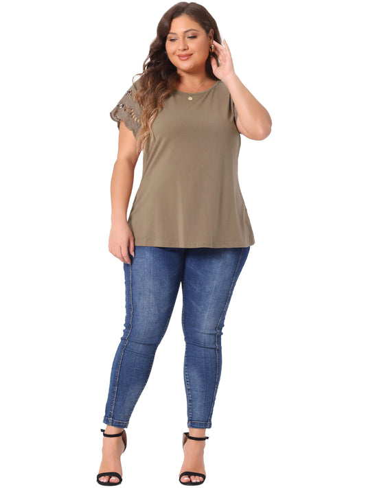 Women's Plus Size Top Round Neck Lace Panel Hollow Short Sleeve Elegant Summer Blouse