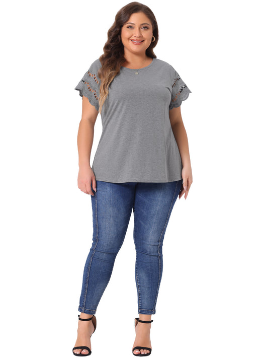 Women's Plus Size Top Round Neck Lace Panel Hollow Short Sleeve Elegant Summer Blouse