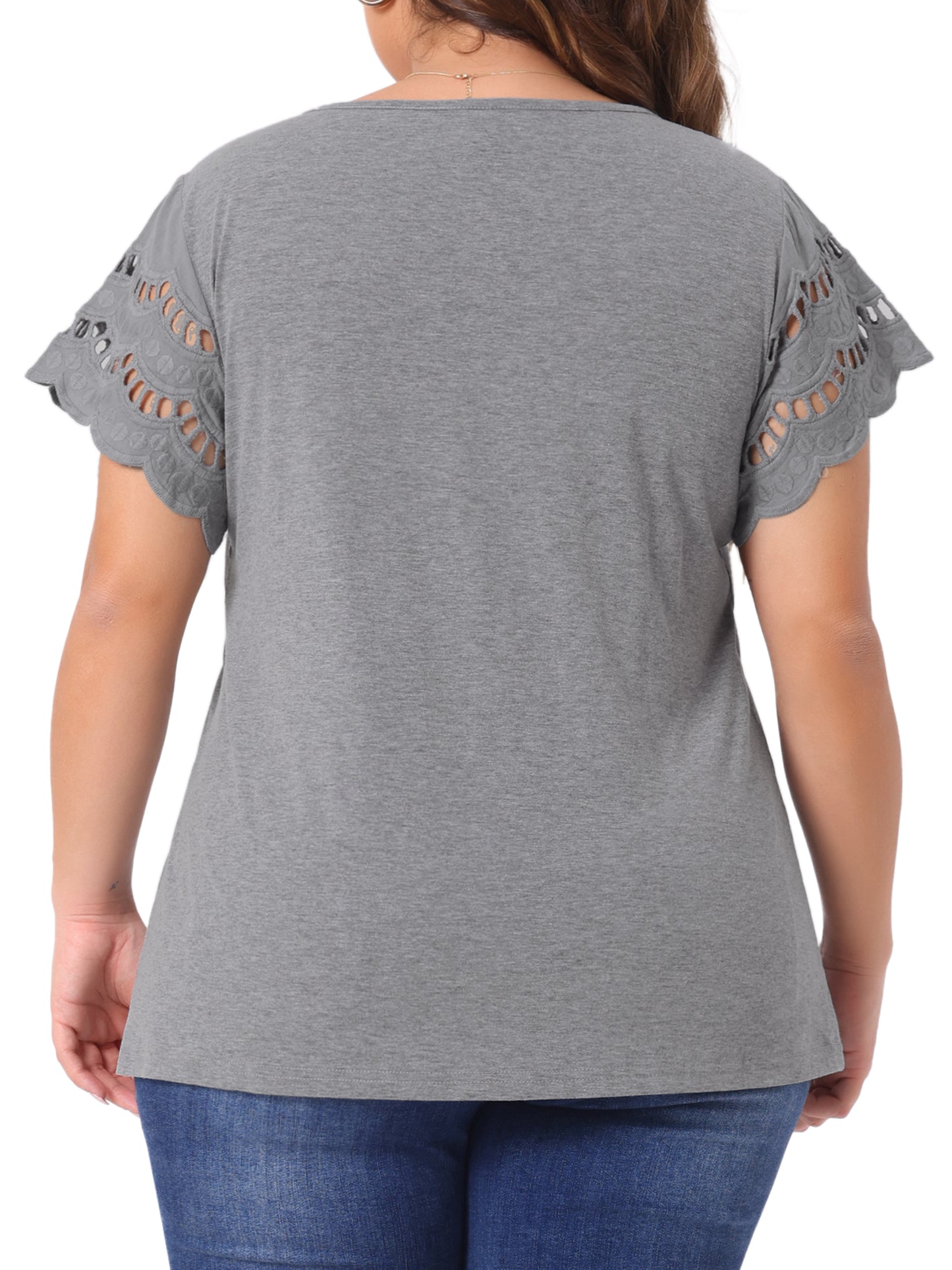 Women's Plus Size Top Round Neck Lace Panel Hollow Short Sleeve Elegant Summer Blouse