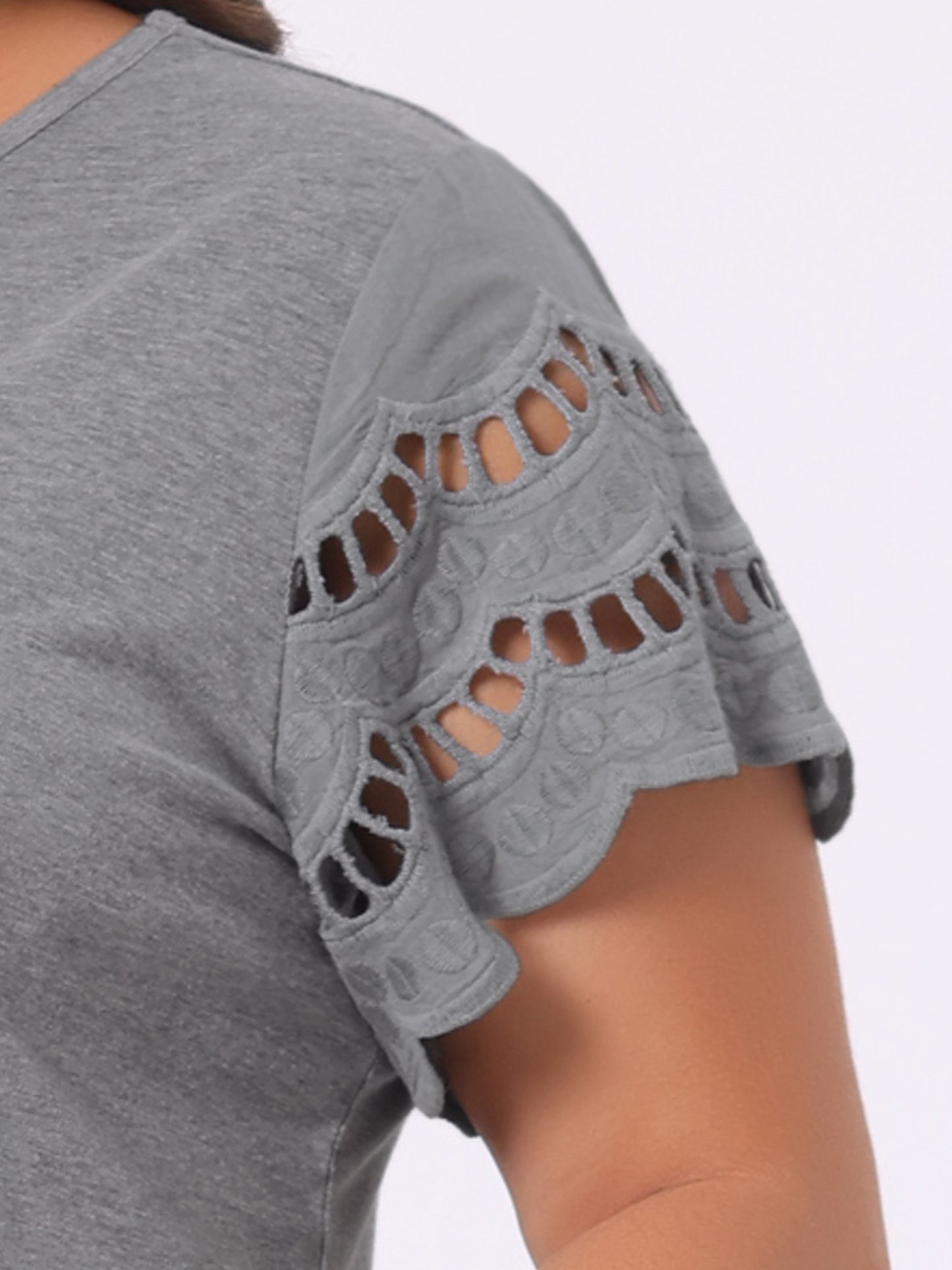 Women's Plus Size Top Round Neck Lace Panel Hollow Short Sleeve Elegant Summer Blouse